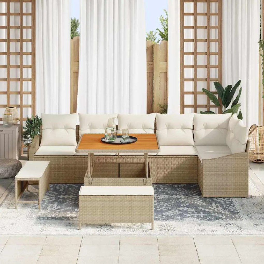 Conjunto de Sofás de Jardim vidaXL de 9 Peças com Almofadas Bege Rattan Poliéster