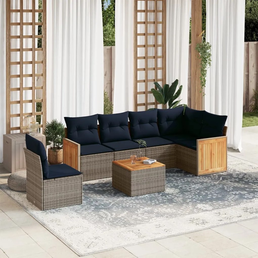 vidaXL 7 pcs conjunto sofás p/ jardim c/ almofadões vime PE cinzento
