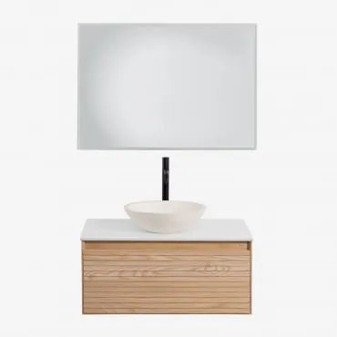 Conjunto De Móveis De Banheiro Em Madeira Tedrik Ash Castanho Fresno & Cimento Redondo Branco Ø40 Cm Zavion & Led Retangular - Sklum