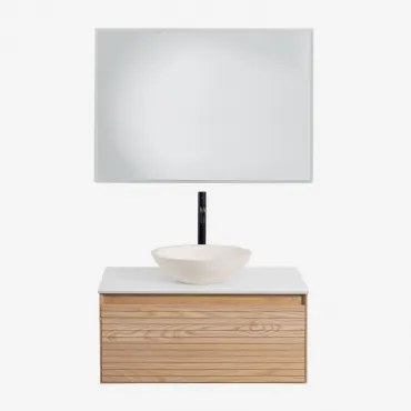 Conjunto De Móvel De Casa De Banho Suspenso Em Madeira De Freixo Tedrik Castanho Fresno & Cimento Redondo Branco Ø40 Cm Zavion & Led - Sklum