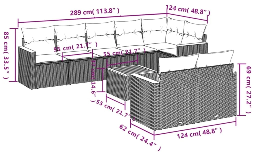 9 pcs conjunto de sofás p/ jardim c/ almofadões vime PE preto