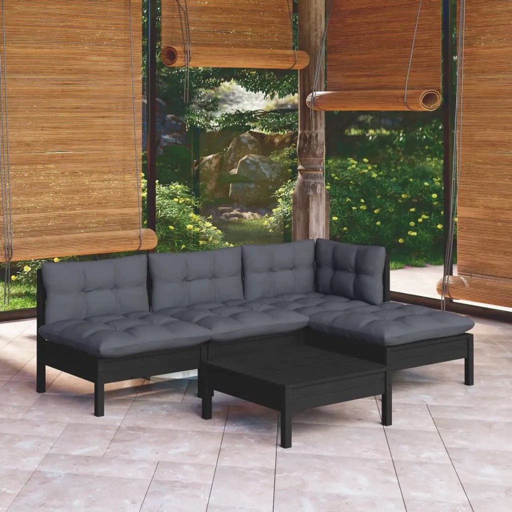 vidaXL 5 pcs conjunto lounge de jardim c/ almofadões pinho preto