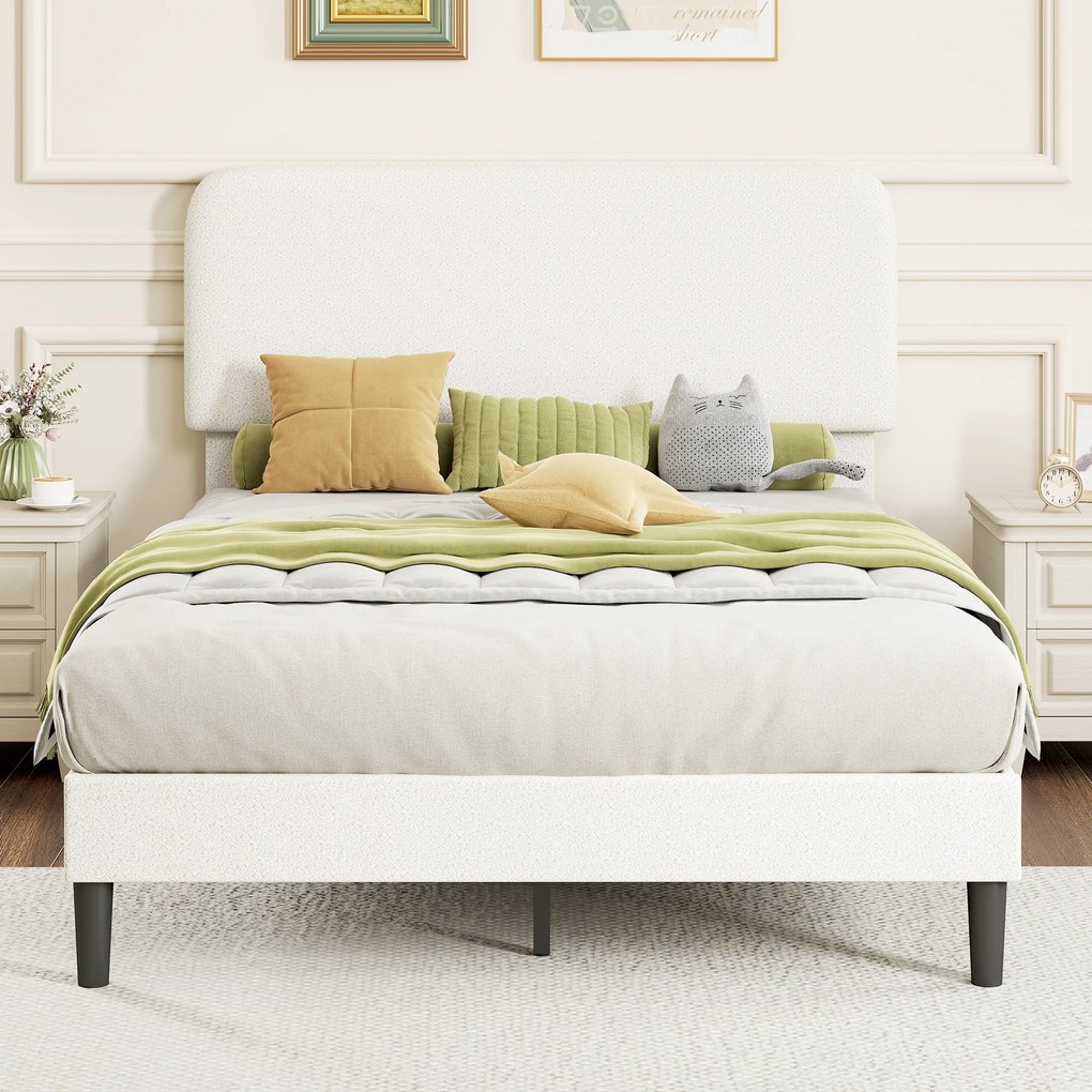 Estrutura de Cama 146x194x112-117 cm (LxPxA) (COLCHÃO NÃO INCLUIDO) Dupla com Cabeceira Ajustável em Altura Estofada em Tecido Macio com Ripas de Made