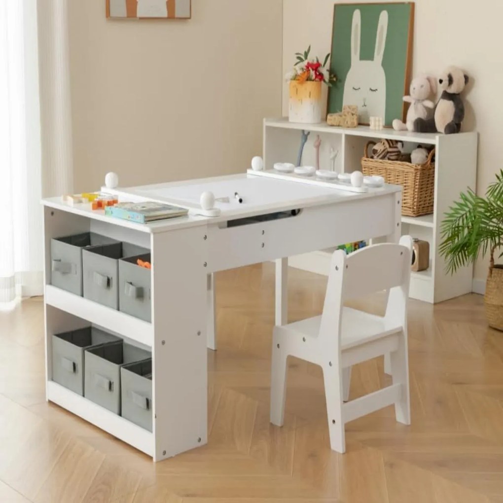 Conjunto de mesa elevatória e 2 cadeiras de arte para crianças Secretária de brincar 2 em 1 com rolos de papel Copos de tinta 6 recipientes Branco