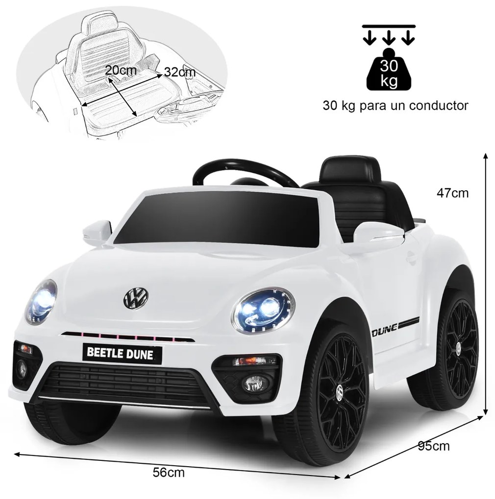 Carro elétrico para crianças bateria 12V Volkswagen Beetle com luzes de controlo remoto e musica 95 x 56 x 47 cm Branco