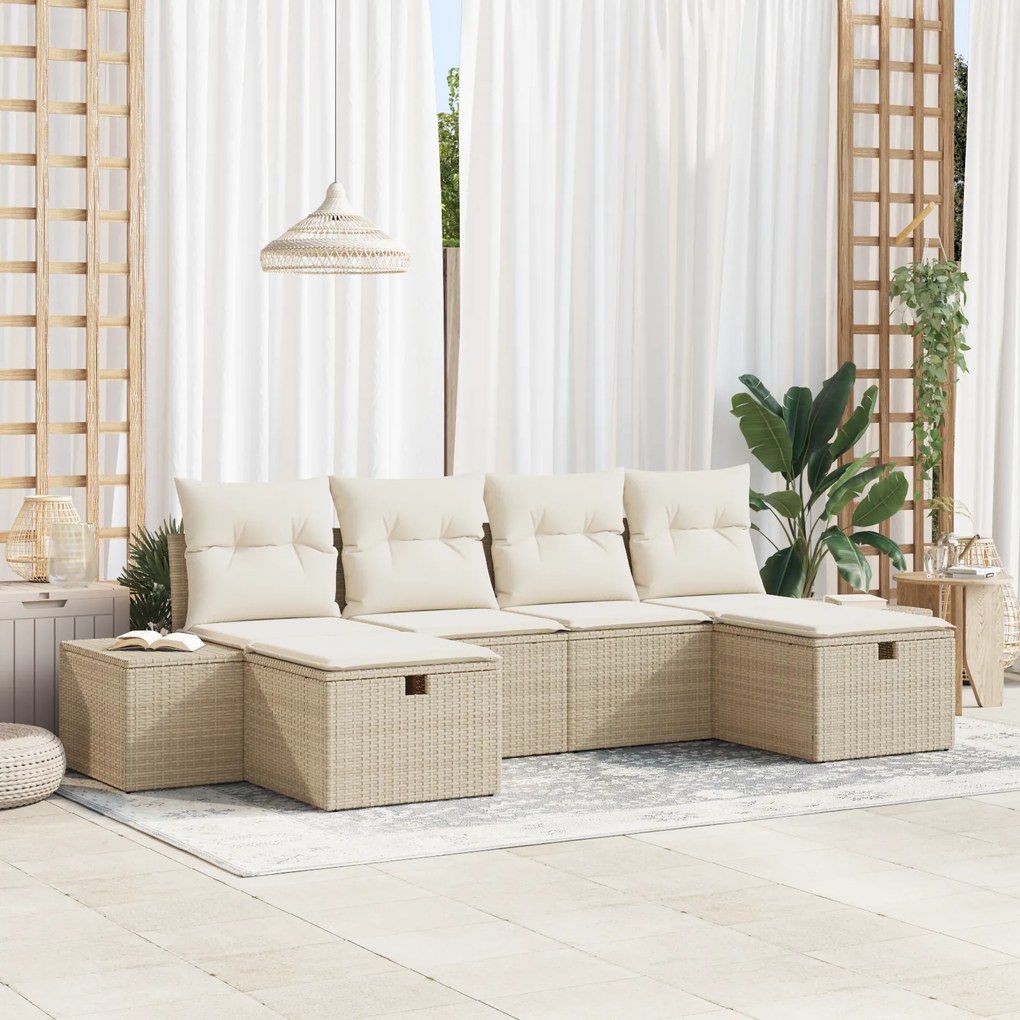 Conjunto de Sofá de 6 Peças com Almofadas Bege Vime Poly