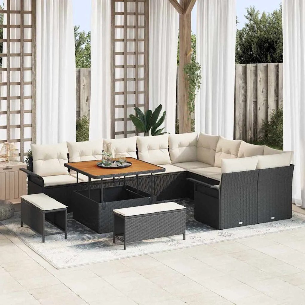 vidaXL Conjunto de Sofá de Jardim de 12 Peças com Almofadas Pretas de Rattan e Polipropileno em Acácia.