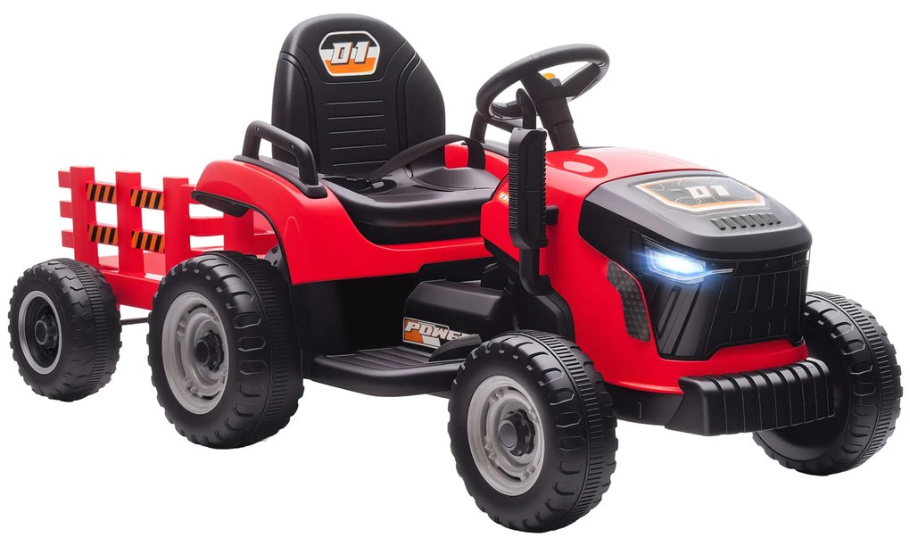 AIYAPLAY Trator Elétrico para Crianças com Reboque Desmontável Bateria 12V Velocidade 3-5 km/h Controle Remoto 2,4G Música Buzina para Crianças de 3-8 Anos 139x58x55 cm Vermelho