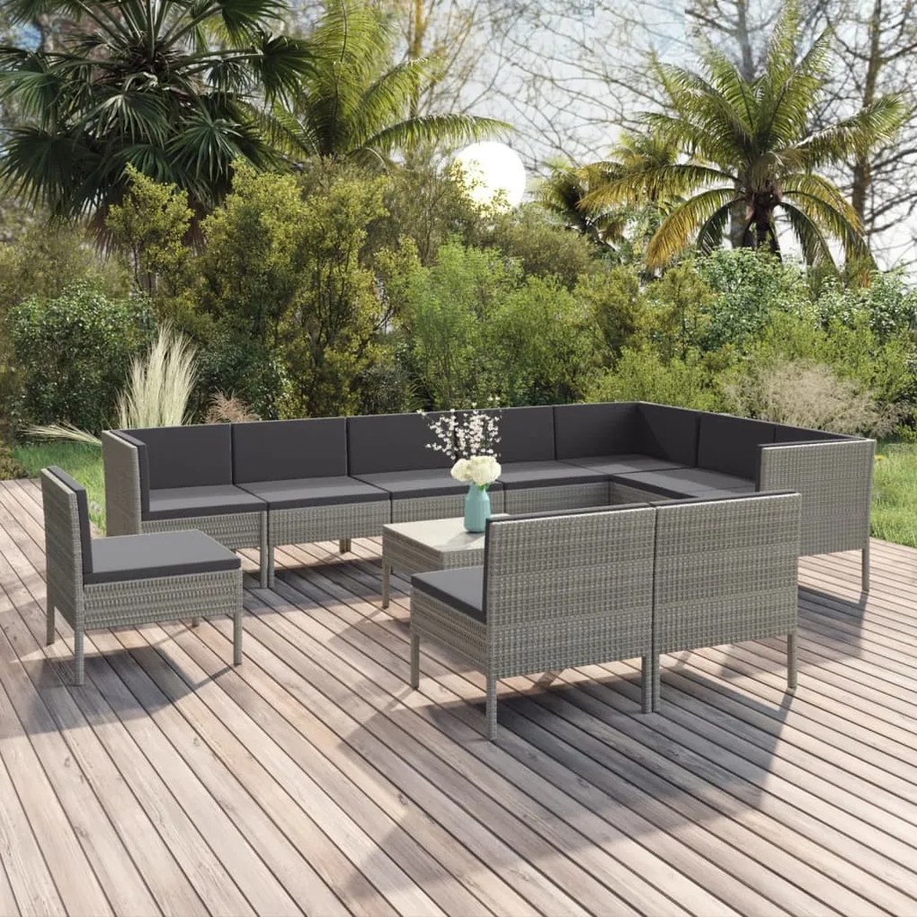 11 pcs conjunto lounge de jardim c/ almofadões vime PE cinzento
