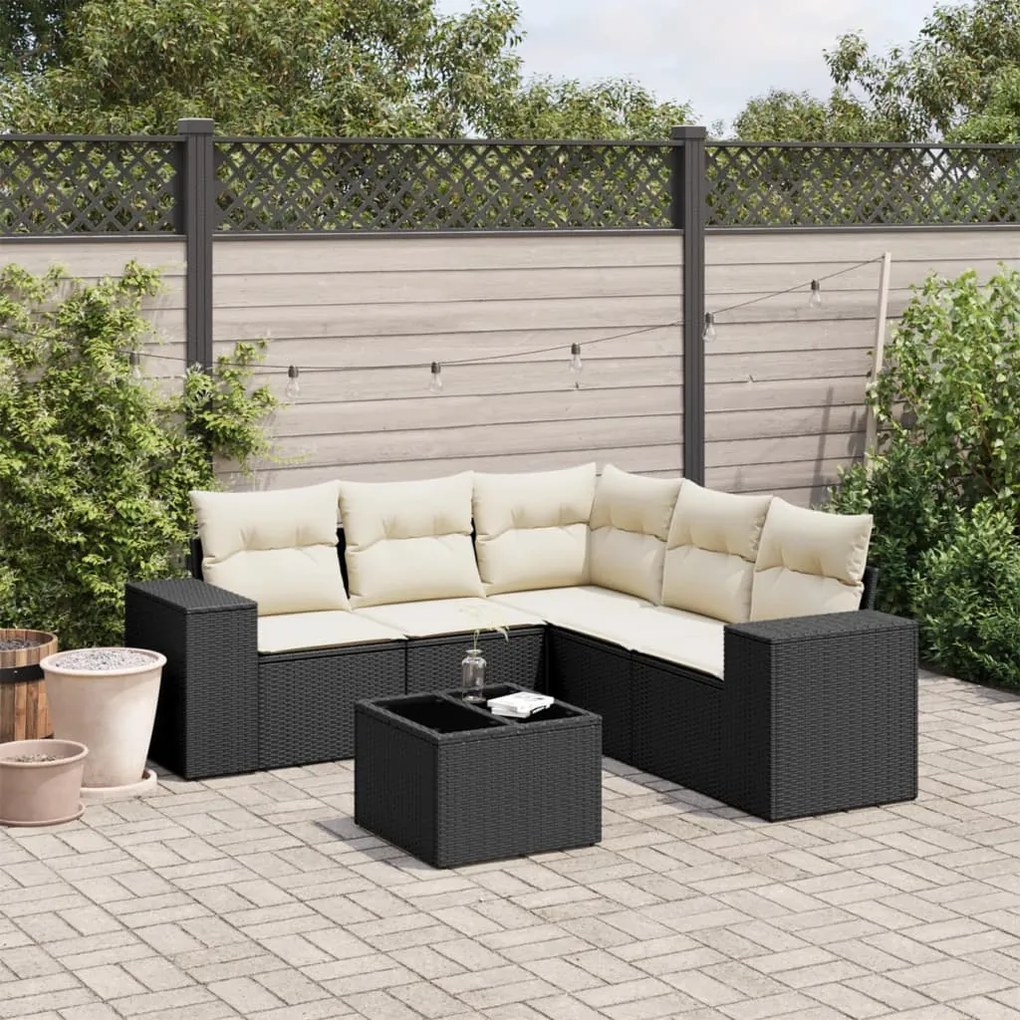6 pcs conjunto sofás de jardim c/ almofadões vime PE preto