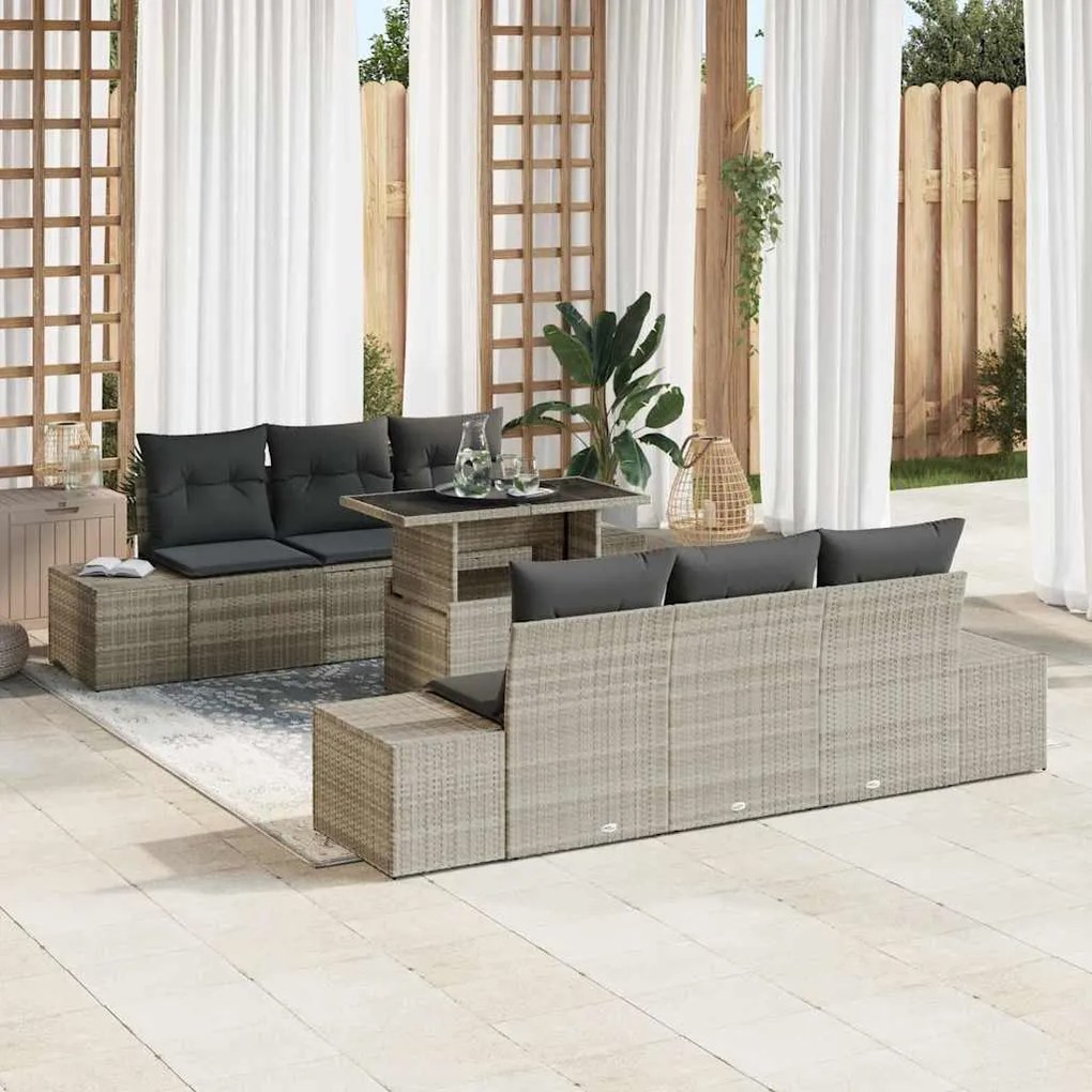vidaXL Sofá de Jardim Modular de 7 Peças com Almofadas Cinza Claro em Rattan Sintético