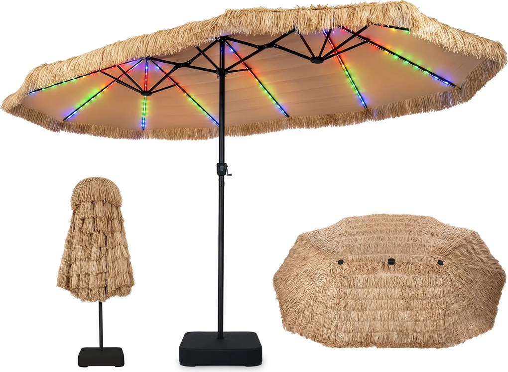Guarda-sol de Jardim com base, 450 x 270 x 252 cm, Luzes LED Solares, Castanho