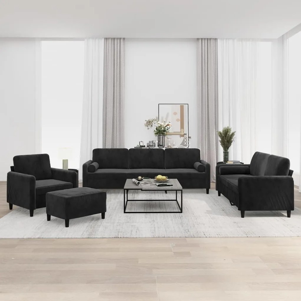 vidaXL 4 pcs conjunto sofás c/ almofadas/almofadões veludo preto