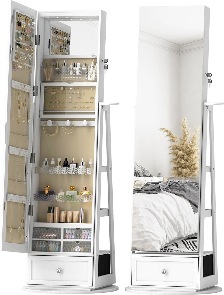 HOMCOM Espelho de Pé Giratório 360° com Espelho com Interior Iluminado Organizador de Jóias com Prateleiras e Gavetas 56x56x164 cm Branco | Aosom Portugal