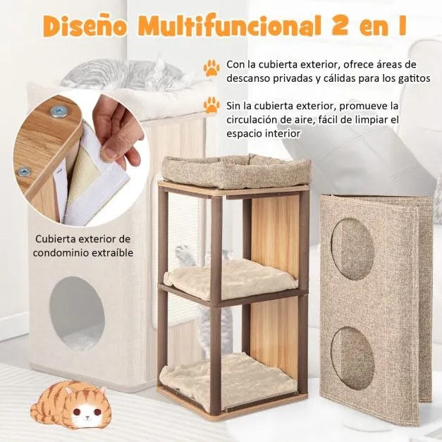 Casa para gatos de 3 andares 38 x 38 x 77,5 cm com tabuleiro para arranhar, 2 esconderijos e poleiro superior – – Natural e bege