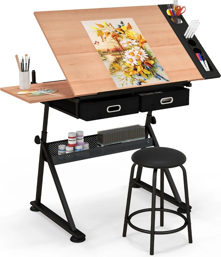 Mesa de desenho estirador ajustável em altura e ângulo 2 gavetas com banco Natural