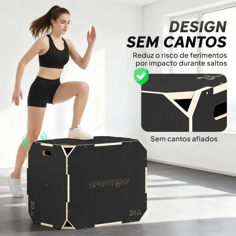Caixa Pliométrica de Madeira com 3 Alturas Diferentes para Treino de Salto Força em Casa Ginásio e Exterior 76x61x Preto