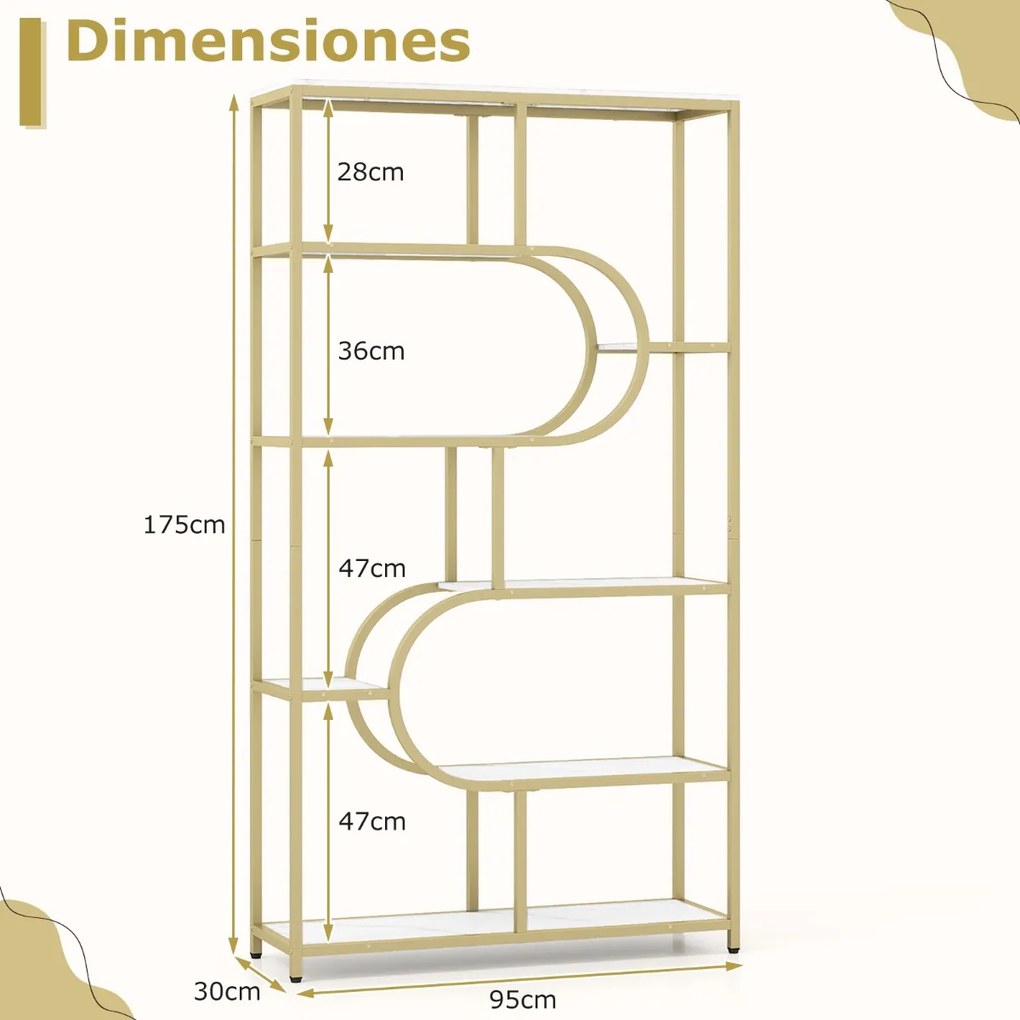 Estante de 8 prateleiras abertas 95 x 30 x 175 cm Design em forma de U Estrutura metálica Branca e Dourada