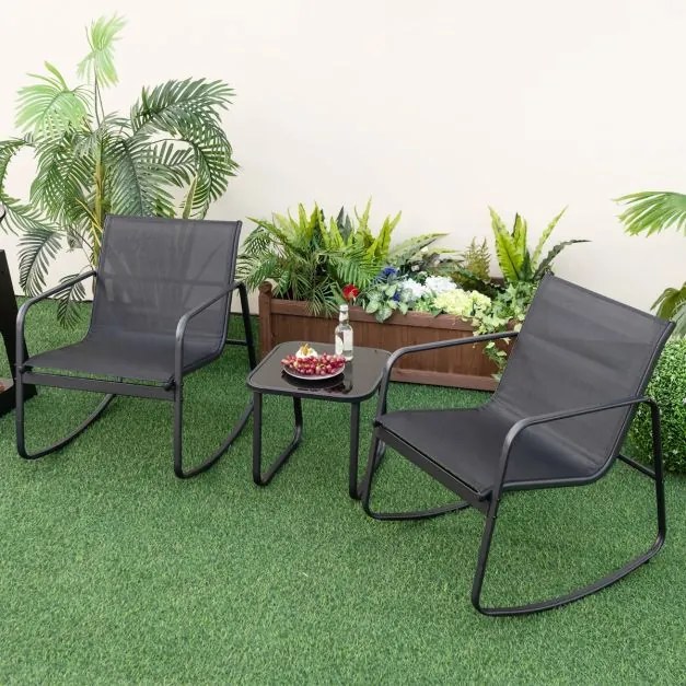 Conjunto jardim bistrô com 2 cadeiras de baloiço mesa com tampo de vidro para jardim exterior e varanda Preto
