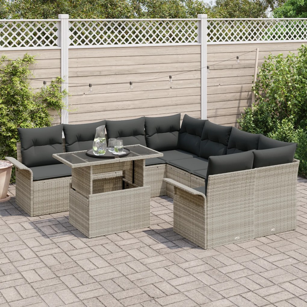 Conjunto de Sofá de Jardim de 9 Peças com Almofadas Cinza Claro Rattan