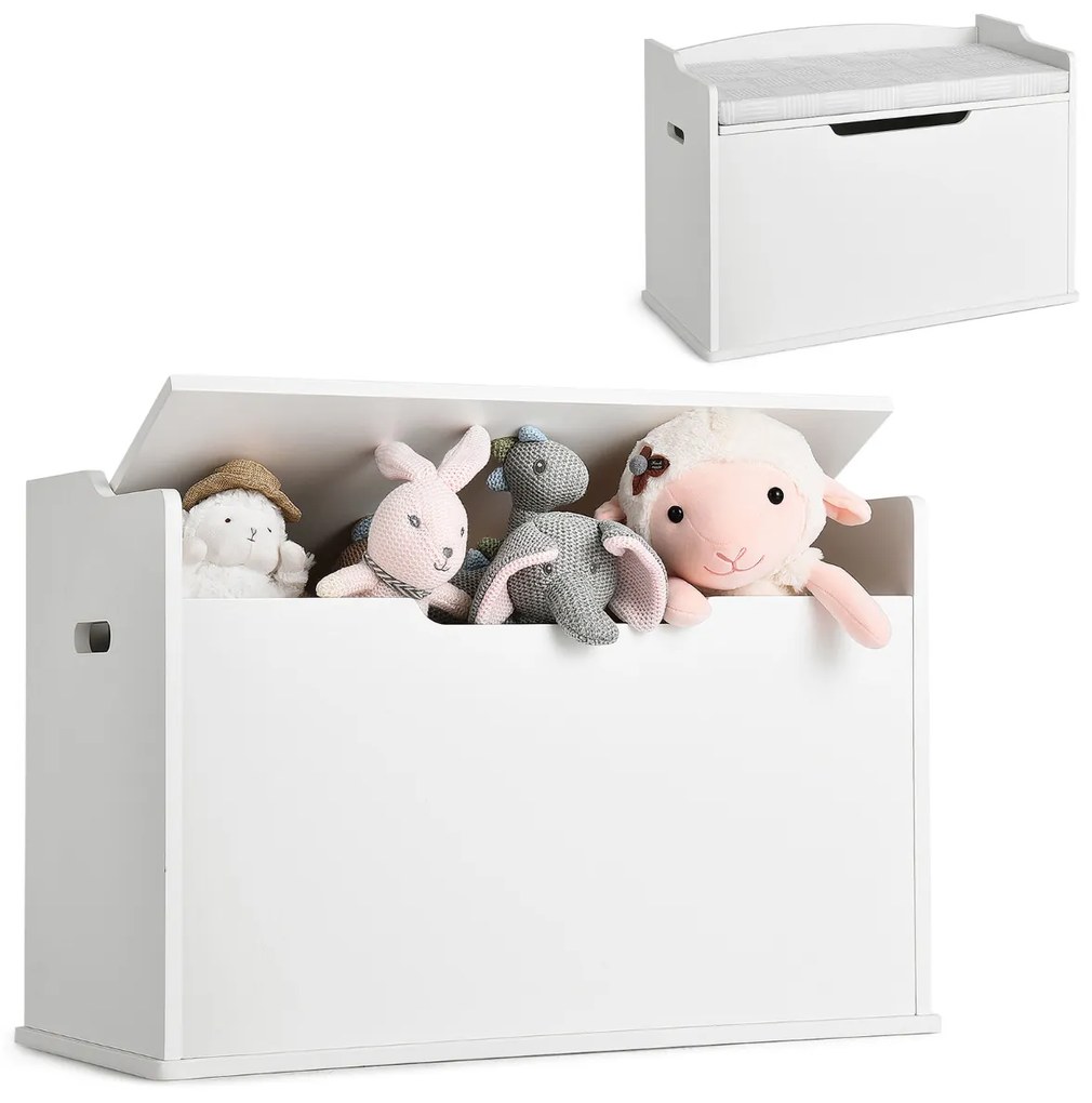 Arca de brinquedos com tampa Tampa elevável Caixa de brinquedos com banco Utilização dupla como banco grande de madeira Branco
