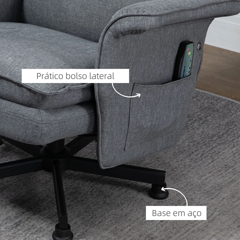 HOMCOM Poltrona Relax com Massagem e Apoio para os Pés Poltrona de Massagem Estofada em Linho com Controlo Remoto e 8 Áreas de Massagem Carga Máxima 120kg 78x81x99cm Cinza