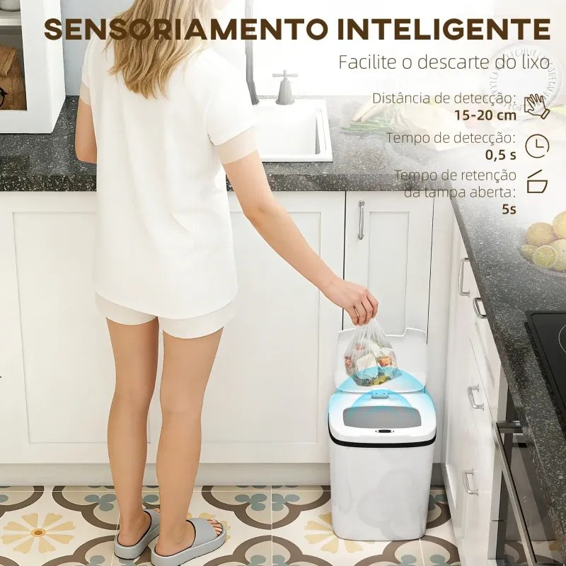 Caixote de Lixo Automático 15L com Sensor Infravermelhos e Modo Manual Anel de Retenção Antimarcas 27,6x21,4x33,5 cm Branco