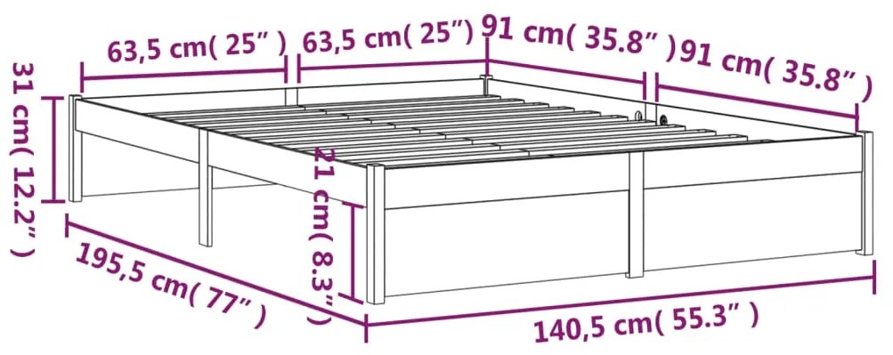 Estrutura de cama casal 135x190 cm madeira maciça castanho-mel