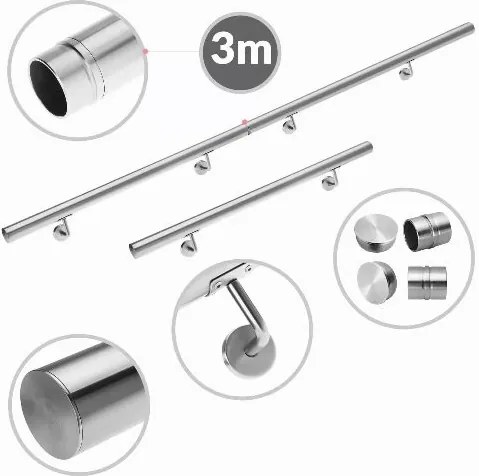Conjunto de 4 corrimãos em aço inoxidável, Dimensões totais (C x Ø): 300 x 4,2 cm Prateado