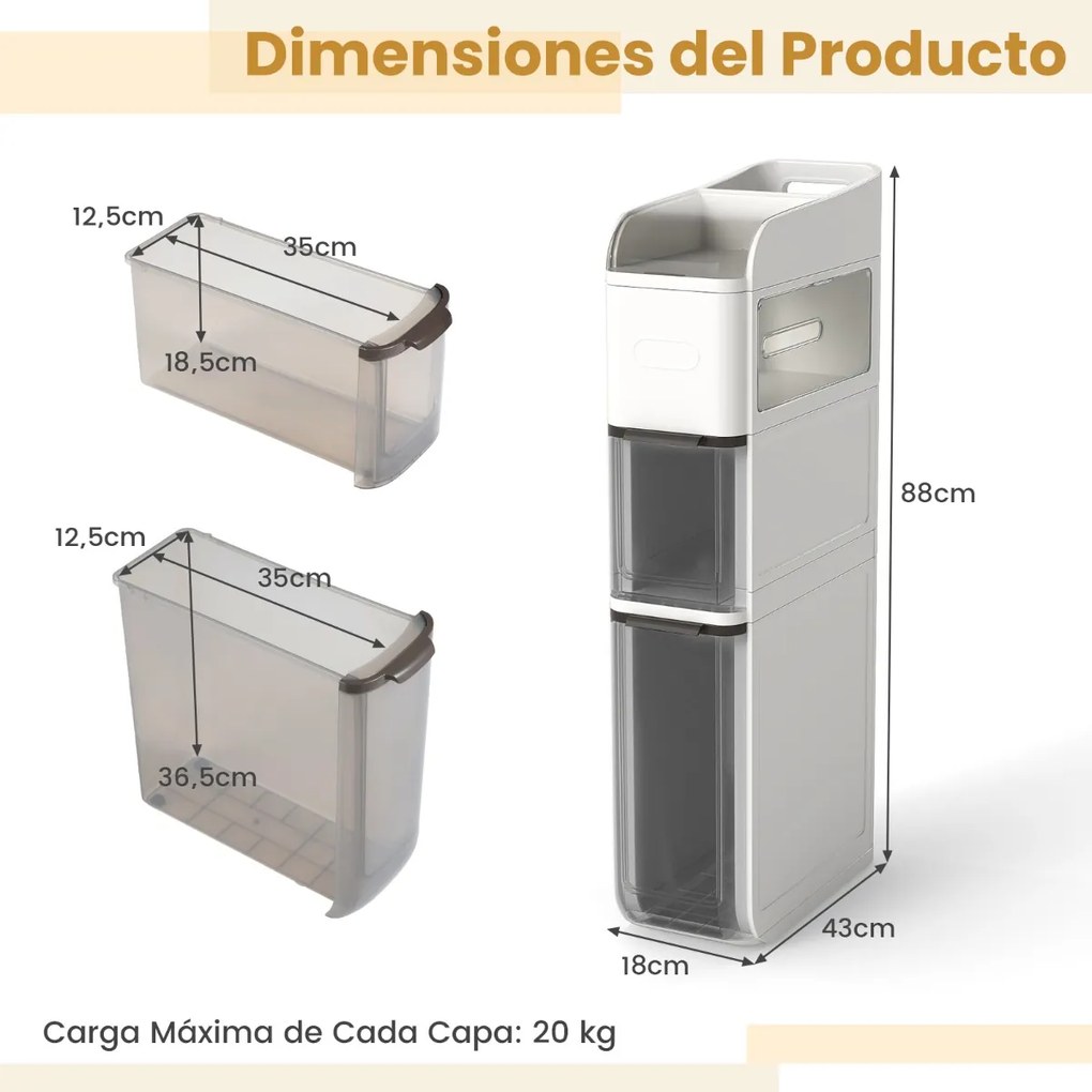 Armário de casa de banho em plástico com 4 prateleiras 43 x 18 x 88 cm, organizador de base estreita de 18 cm, com 2 gavetas e caixa para lenços, bran
