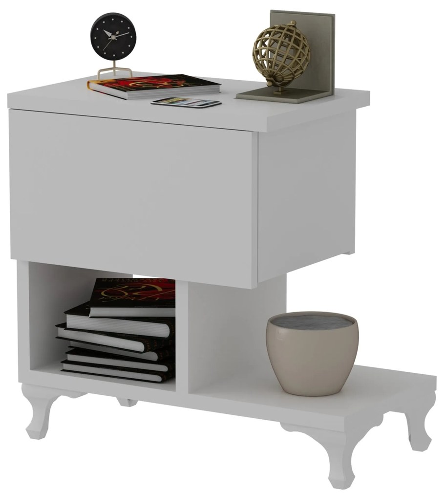 Mesa de Cabeceira "Cast" com Gaveta e Prateleiras – Branco - 46.8x33x4