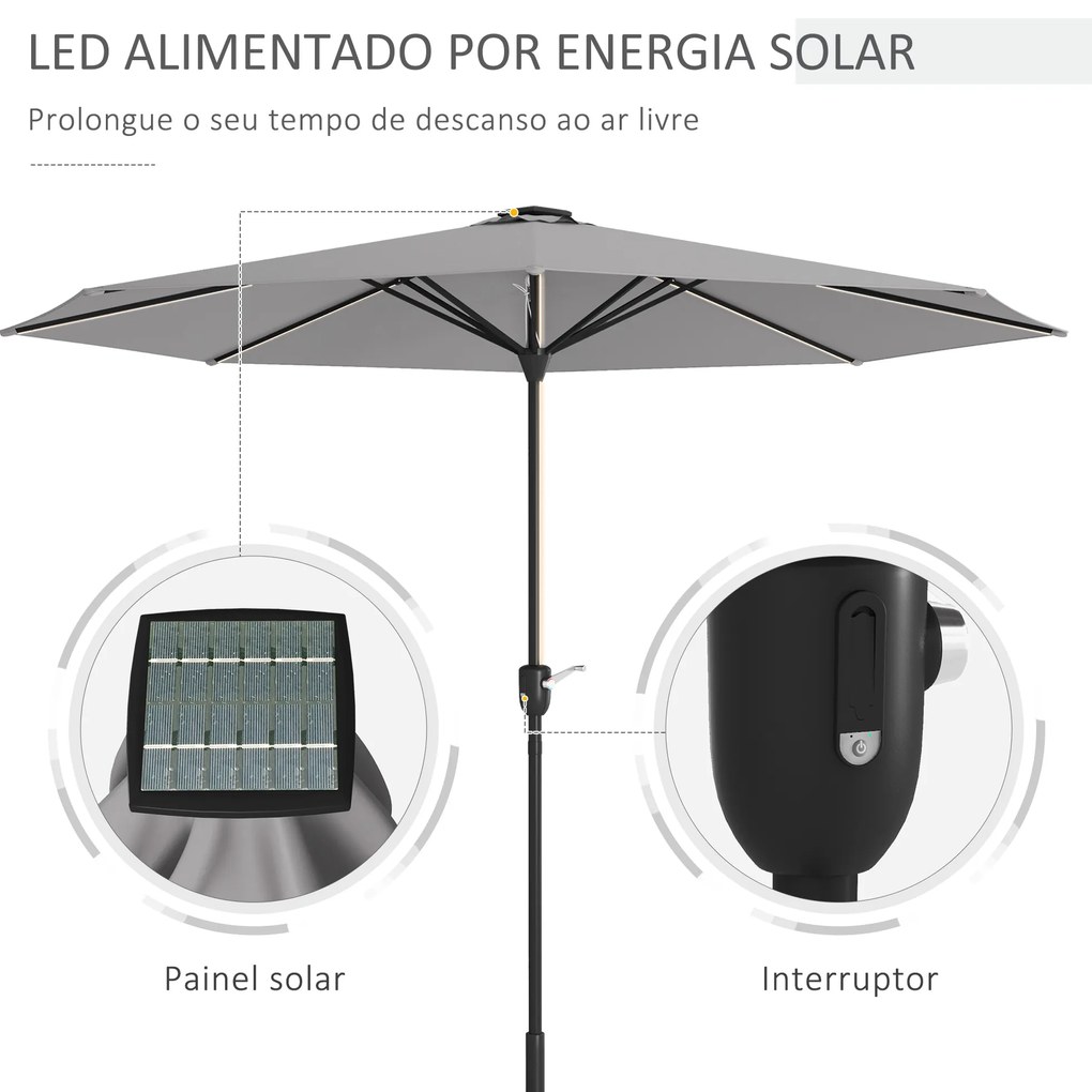 Chapéu de Sol de Jardim Ø265x240 cm com Luzes LED Solares Manivela e Impermeável para Piscina Pátio Cinza Claro