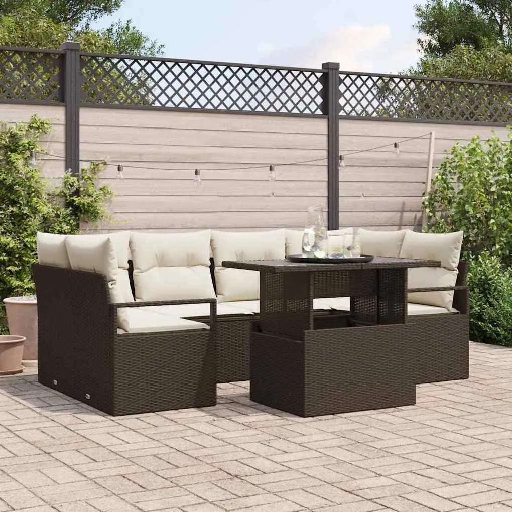 vidaXL Conjunto de sofá de jardim com 7 peças e almofadas de rattan sintético marrom.