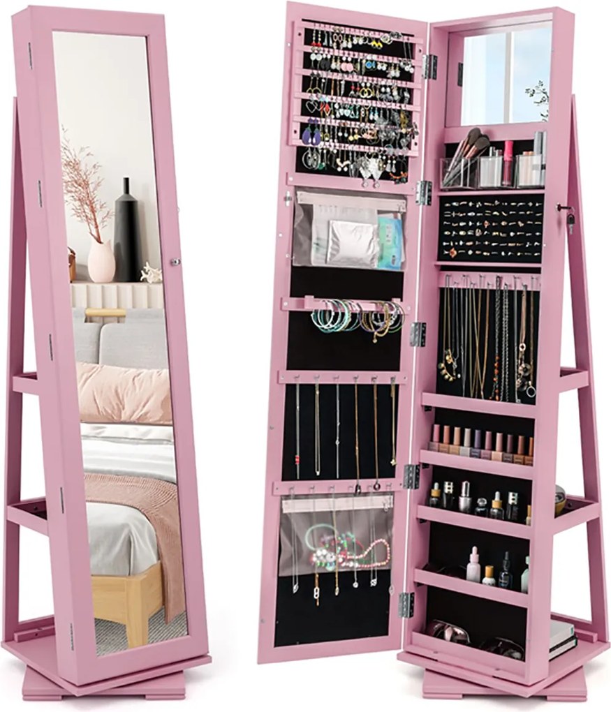 Espelho giratório 360° para joias com espelho de corpo inteiro Organizador de joias com espelho para maquilhagem 39 x 39 x 161 cm Rosa