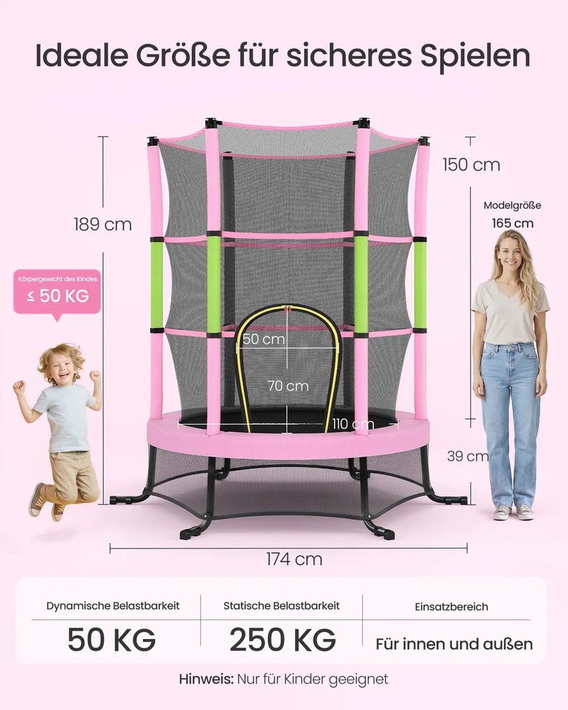 Trampolim infantil de 174 cm com rede de segurança e cobertura para os bordos rosa