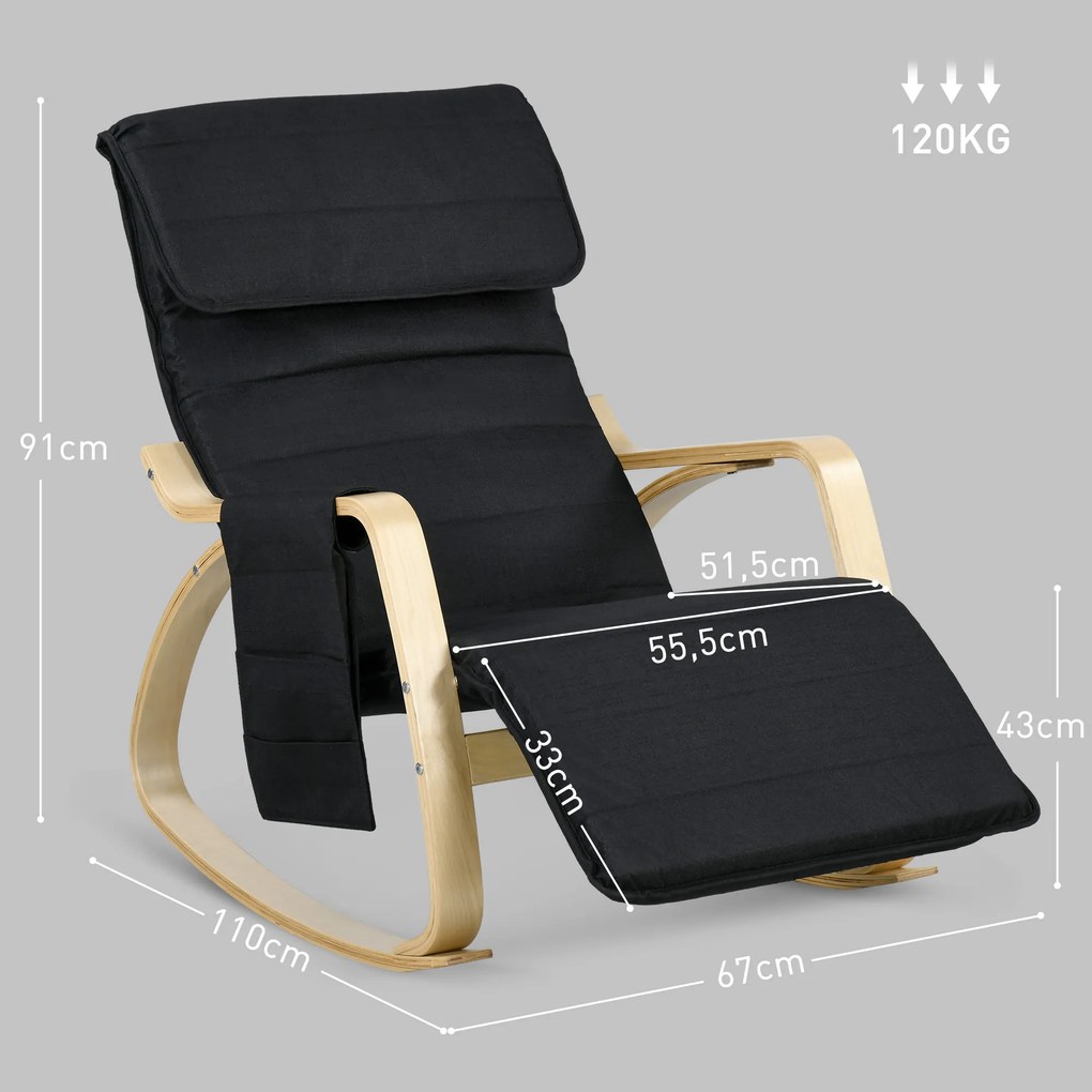 Cadeira de baloiço relaxante basculante para amamentação com apoio para os pés ajustável, bolso lateral e apoio para a cabeça, preta