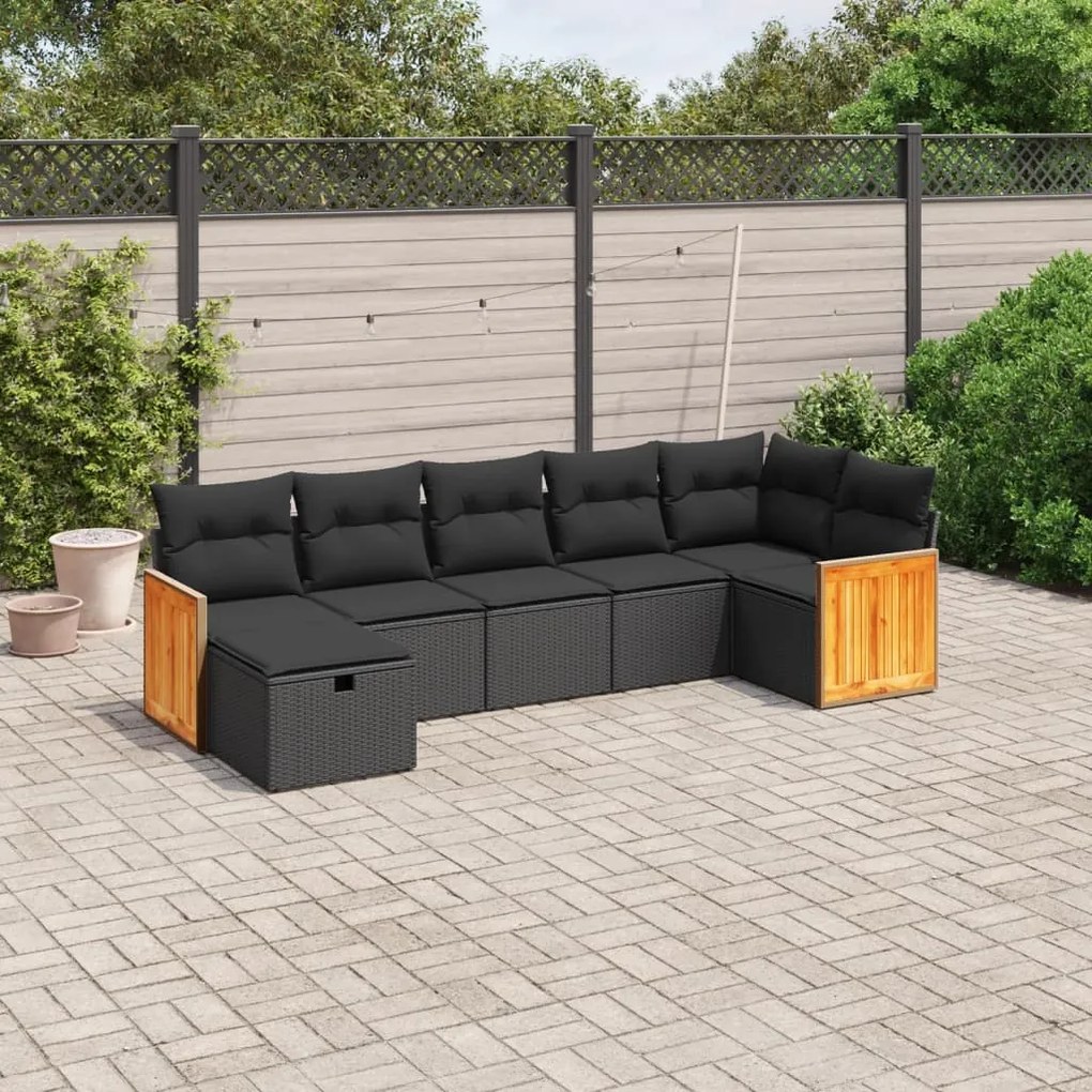 7 pcs conjunto de sofás p/ jardim c/ almofadões vime PE preto