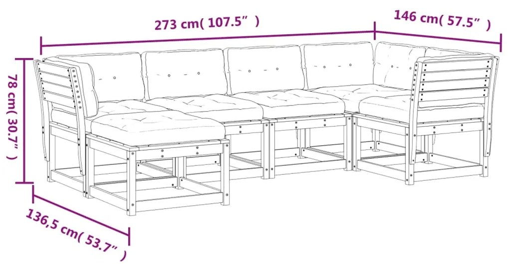 6 pcs conjunto de sofás de jardim c/ almofadões pinho maciço
