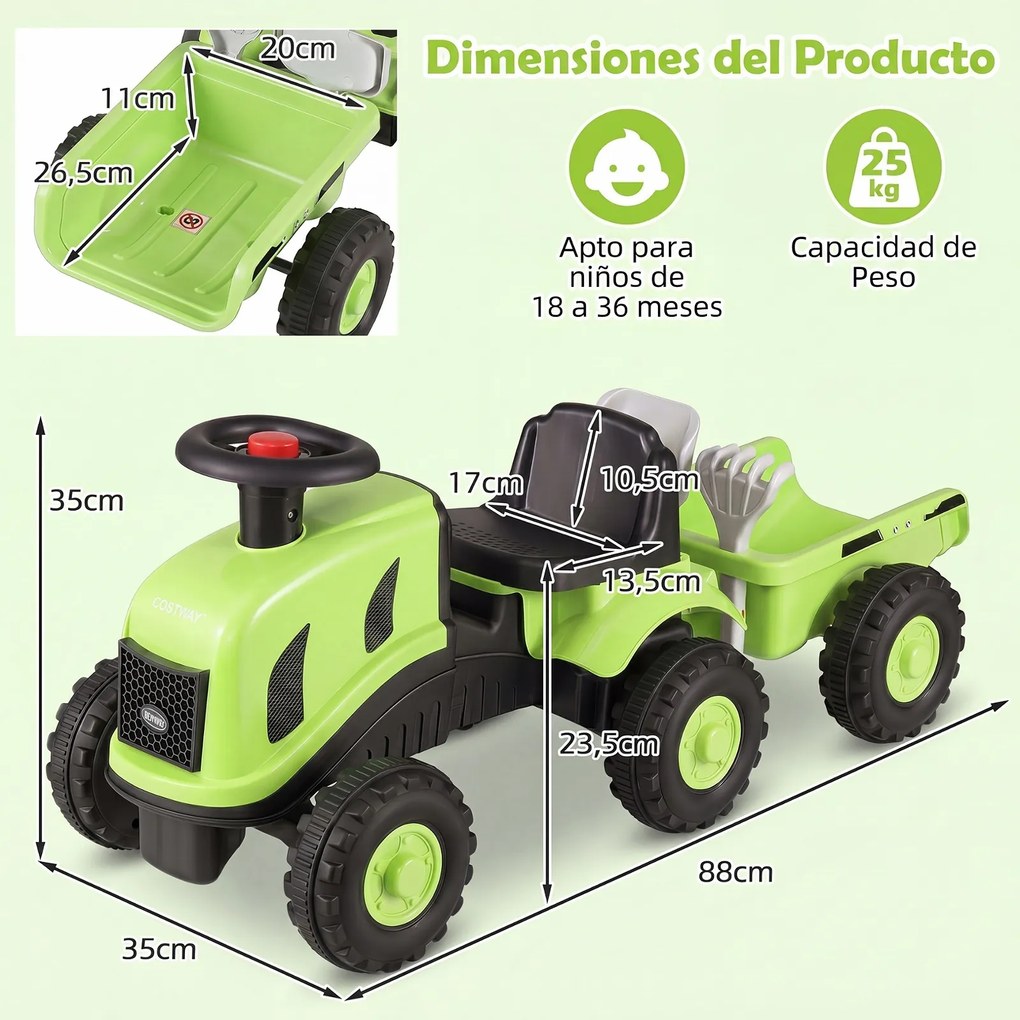 Andarilho Trator Infantil sem Pedais com Reboque, 88 x 35 x 35 cm crianças de 18 a 36 meses, Verde
