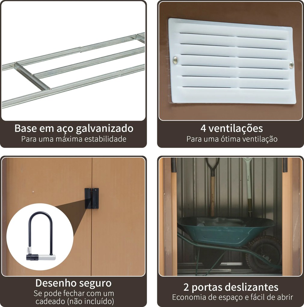 Abrigo de Jardim 213x130x185cm Abrigo de Jardim Metálico de Exterior com 2 Portas Deslizantes e 4 Janelas Castanho Claro