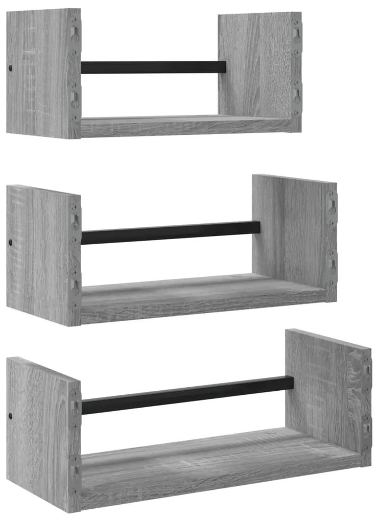 3pcs prateleiras parede c/ barras deriv. madeira cinza sonoma