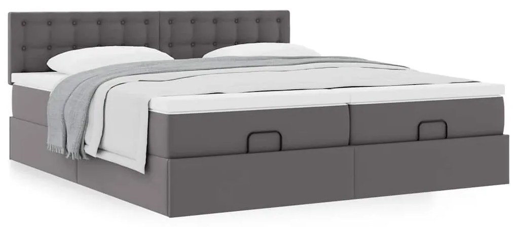 Estrutura de cama otomana com colchão cinza couro falso