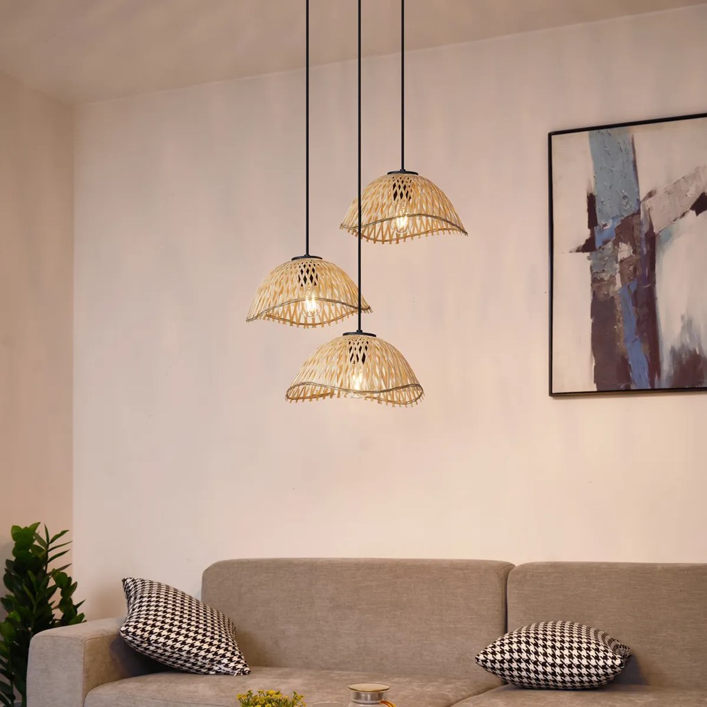 Candeeiro Pendente Boémio Preto com Bambu 3 Luzes - Lily