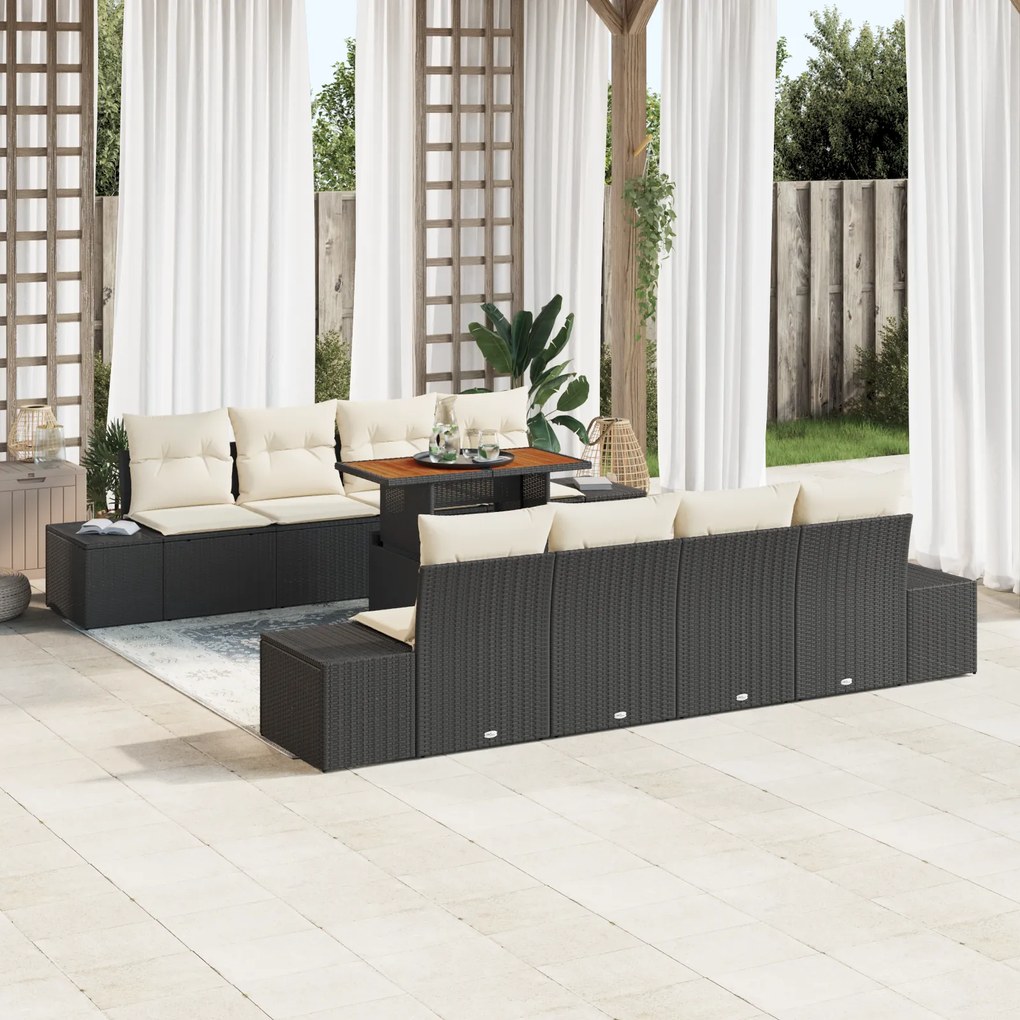 Conjunto de Sofá de Jardim de 7 Peças com Almofadas em Vime Preto