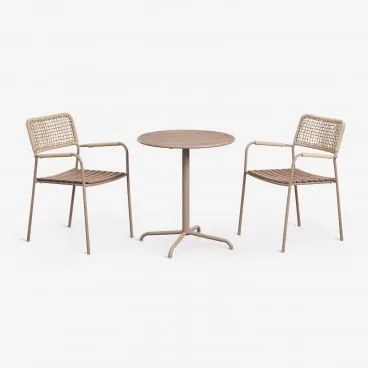 Conjunto De Mesa De Jardim Redonda Ø65 Cm E 2 Cadeiras De Jardim Empilháveis Em Aço E Madeira De Acácia Tilda Moka Brown - Sklum