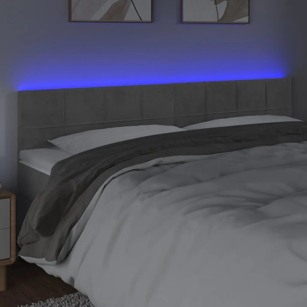 Cabeceira de cama c/luzes LED veludo 200x5x78/88 cm cinza-claro