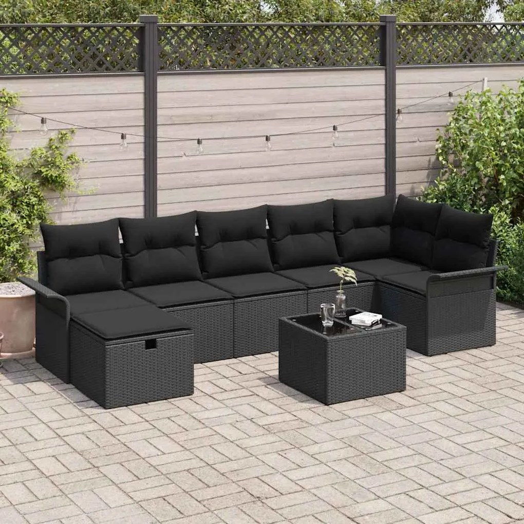 vidaXL Conjunto de Sofá de Jardim com almofada 8 pcs Preto vime PE