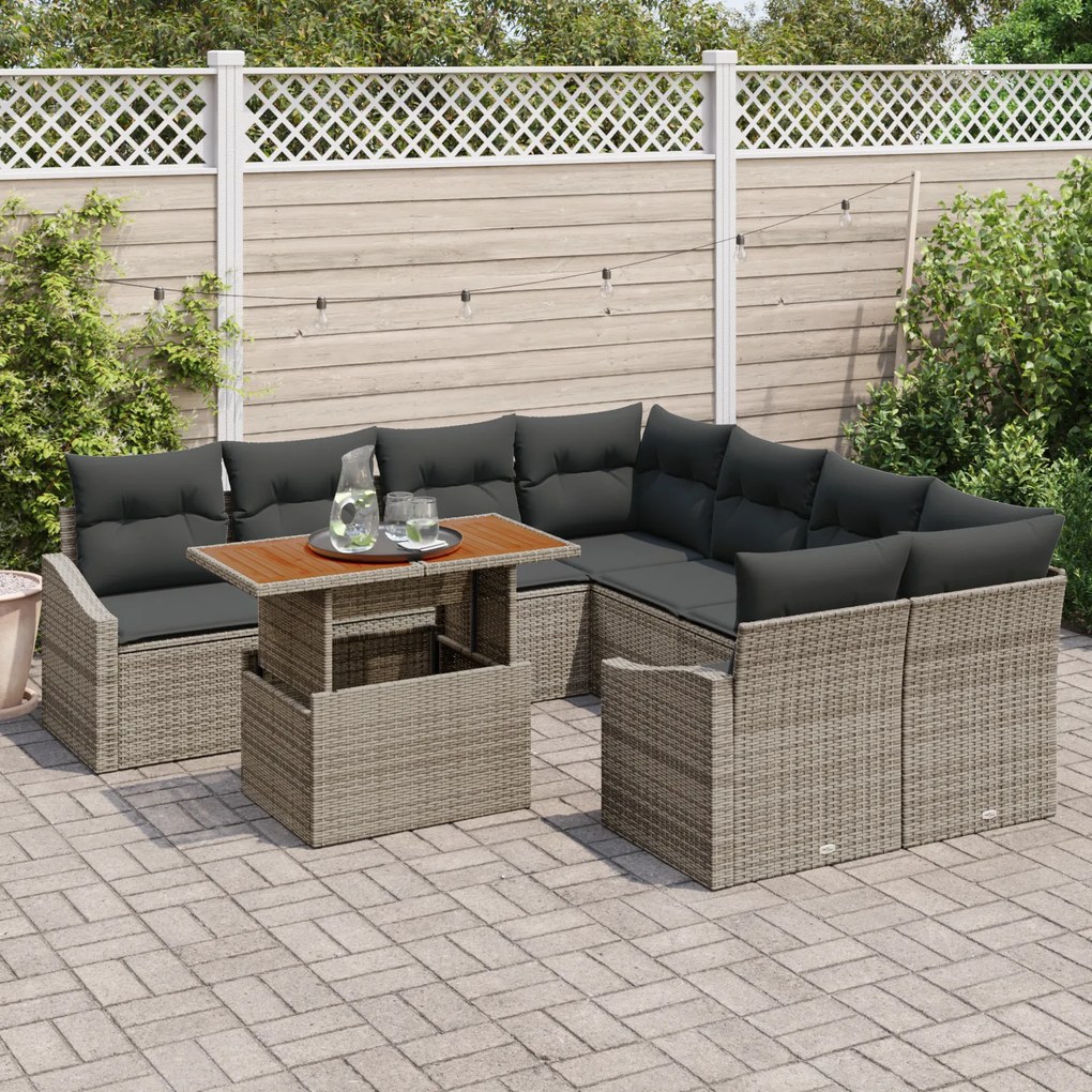 Conjunto de Sofá de Jardim de 9 Peças com Almofadas Cinza Rattan Polié