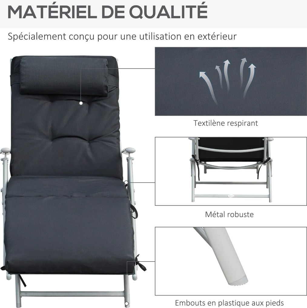 Espreguiçadeira dobrável com 7 posições de inclinação, espreguiçadeira de grande conforto com colchão + braços em metal com revestimento epóxi e tecid