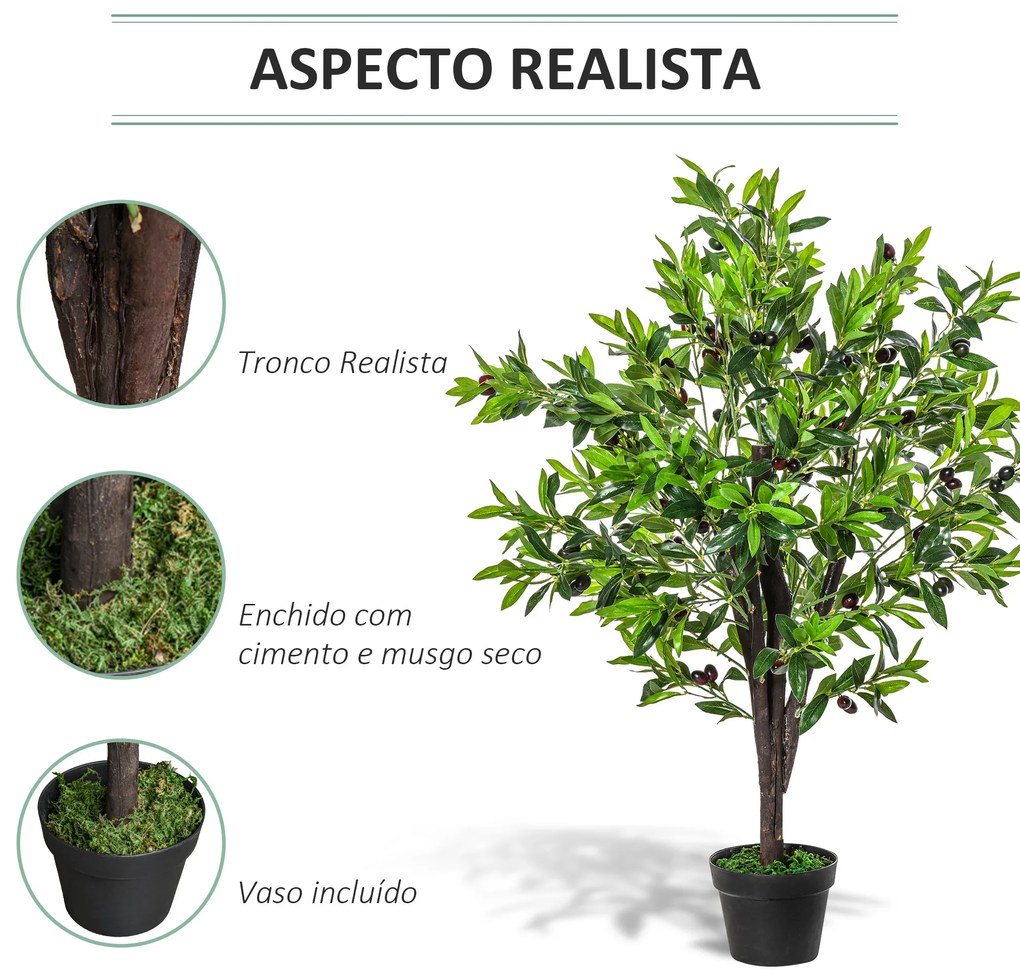 Outsunny Planta Artificial com Altura 120cm Oliveira Artificial com 1080 Azeitonas Folhas Realistas e 108 Frutos Decoração para interior Exterior Sala de Estar Escritório Verde
